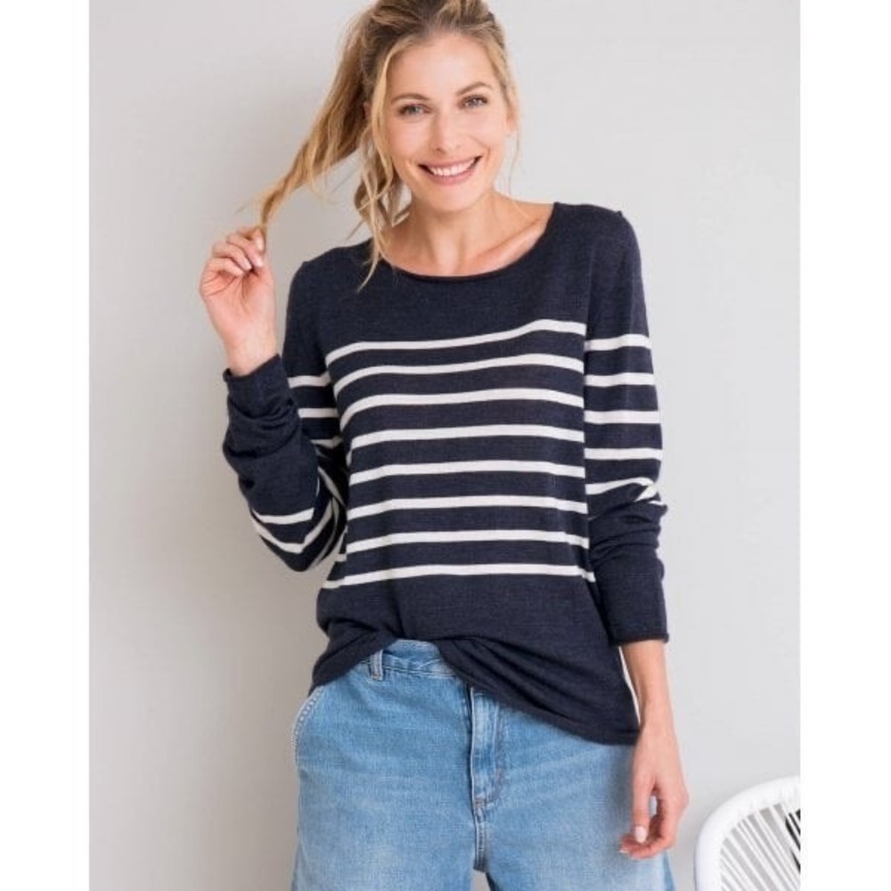 Celtic & Co Merino Wool Striped Long Sleeve Sweater XS Navy White Made in UK